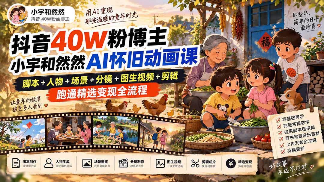 抖音40W粉博主小宇和然然AI怀旧动画课｜脚本+人物+场景+分镜+图生视频+剪辑，跑通精选变现全流程-星火轻创