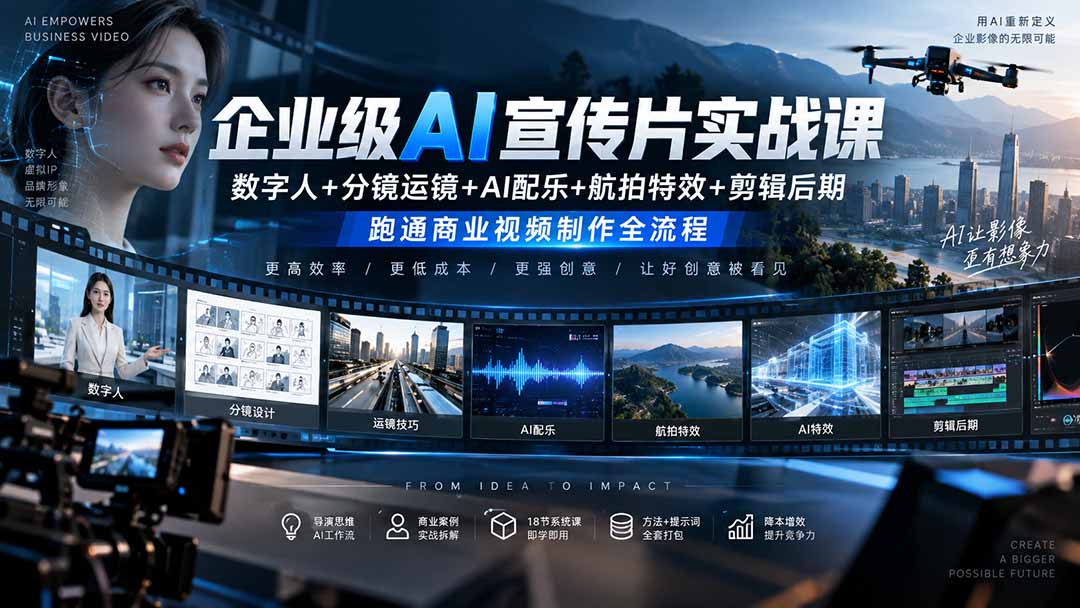 企业级AI宣传片实战课｜数字人+分镜运镜+AI配乐+航拍特效+剪辑后期，跑通商业视频制作全流程-星火轻创