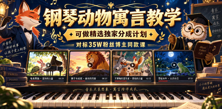 钢琴动物寓言教学，可做精选独家分成计划，对标35W粉丝博主同款课-星火轻创