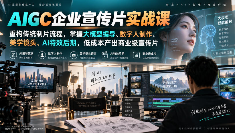 AIGC企业宣传片实战课，重构传统制片流程，掌握大模型编导、数字人制作、美学镜头、AI特效后期，低成本产出商业级宣传片-星火轻创