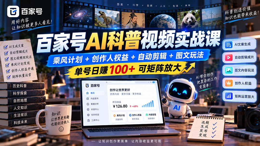百家号AI科普视频实战课：乘风计划+创作人权益+自动剪辑+图文玩法，单号日赚100+可矩阵放大-星火轻创
