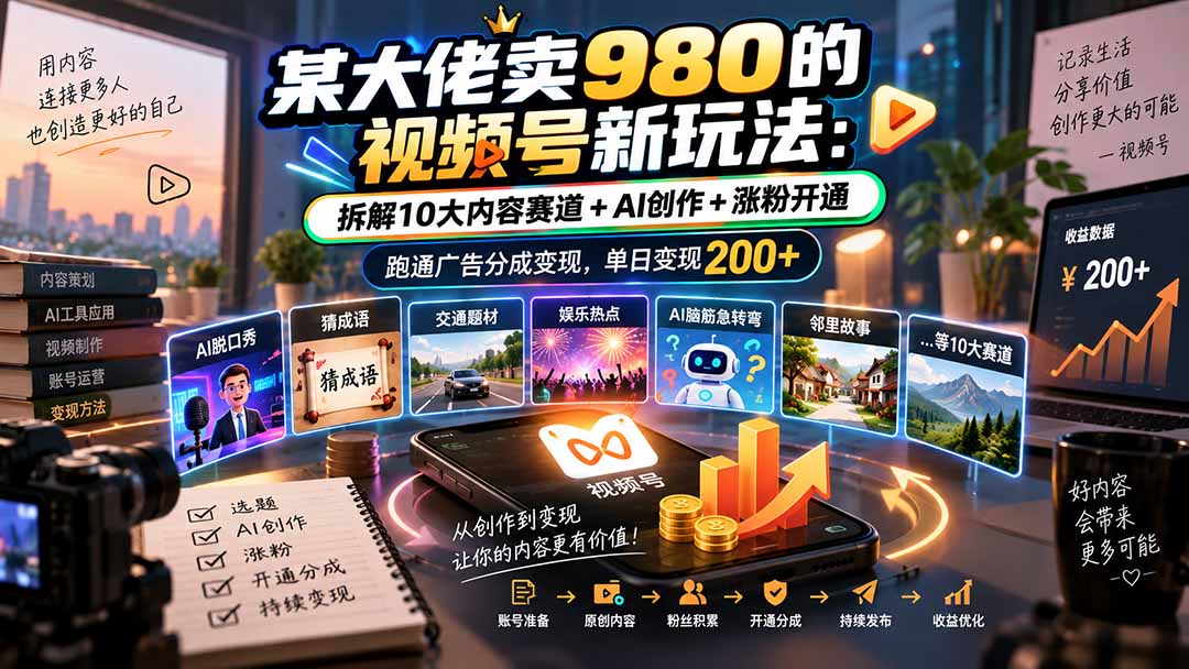 某大佬卖980的视频号新玩法：拆解10大内容赛道+AI创作+涨粉开通，跑通广告分成变现，单日变现200+-星火轻创