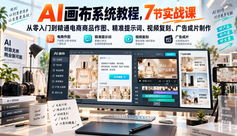 AI画布系统教程,7节实战课从零入门到精通电商商品作图、精准提示词、视频复刻、广告成片制作-星火轻创