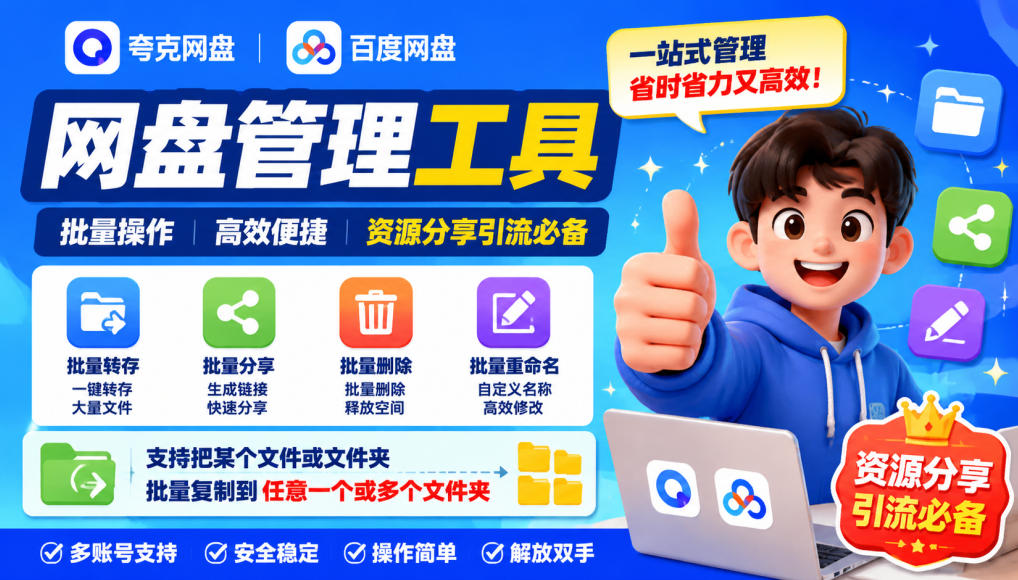 夸克网盘批量文件重命名，批量转存、批量分享、批量复制，内置AI功能-星火轻创