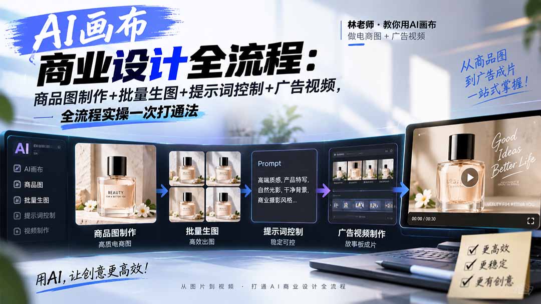 AI画布商业设计全流程:商品图制作+批量生图+提示词控制+广告视频,全流程实操一次打通法-星火轻创