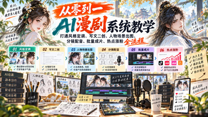 从零到一AI漫剧系统教学,打通风格定调、写文二创、人物场景出图、分镜配音、批量成片、热点涨粉全流程-星火轻创