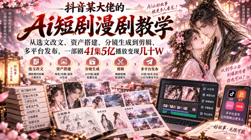 抖音某大佬的Ai短剧漫剧教学,从选文改文、资产搭建、分镜生成到剪辑、多平台发布,一部剧41集5亿播放变现几十W-星火轻创