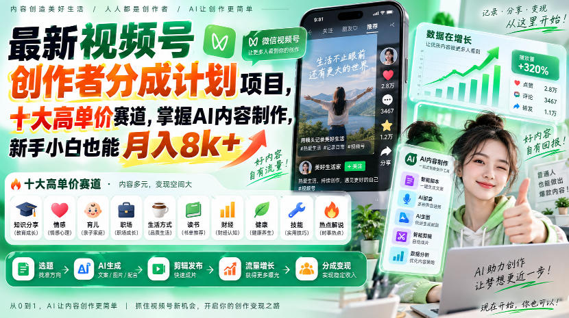 最新视频号创作者分成计划项目,十大高单价赛道,掌握AI内容制作,新手小白也能月入8k+-星火轻创