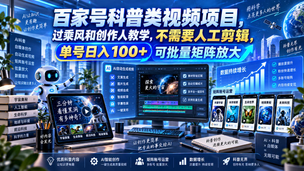百家号科普类视频项目，过乘风和创作人教学，不需要人工剪辑，单号日入100+可批量矩阵放大-星火轻创