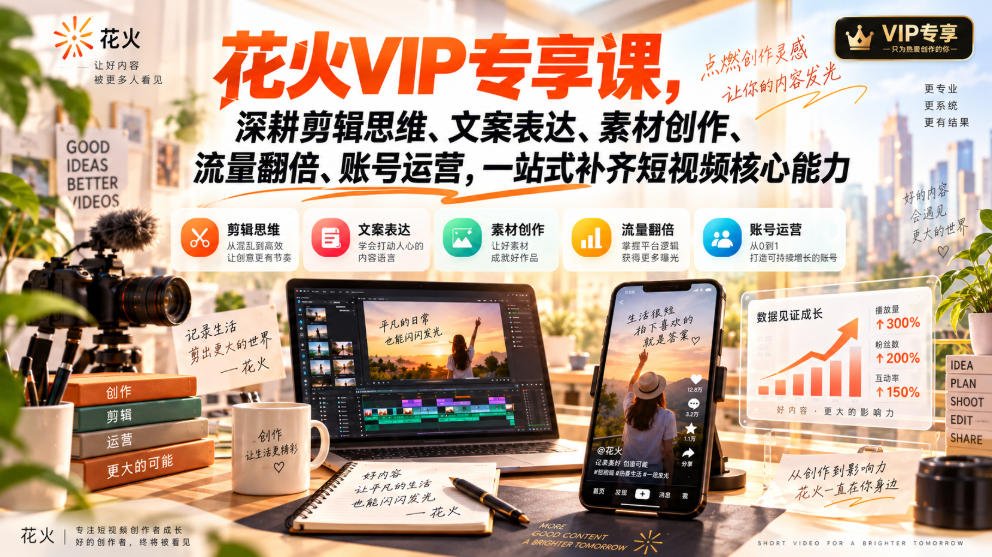 花火VIP专享课，深耕剪辑思维、文案表达、素材创作、流量翻倍、账号运营，一站式补齐短视频核心能力-星火轻创