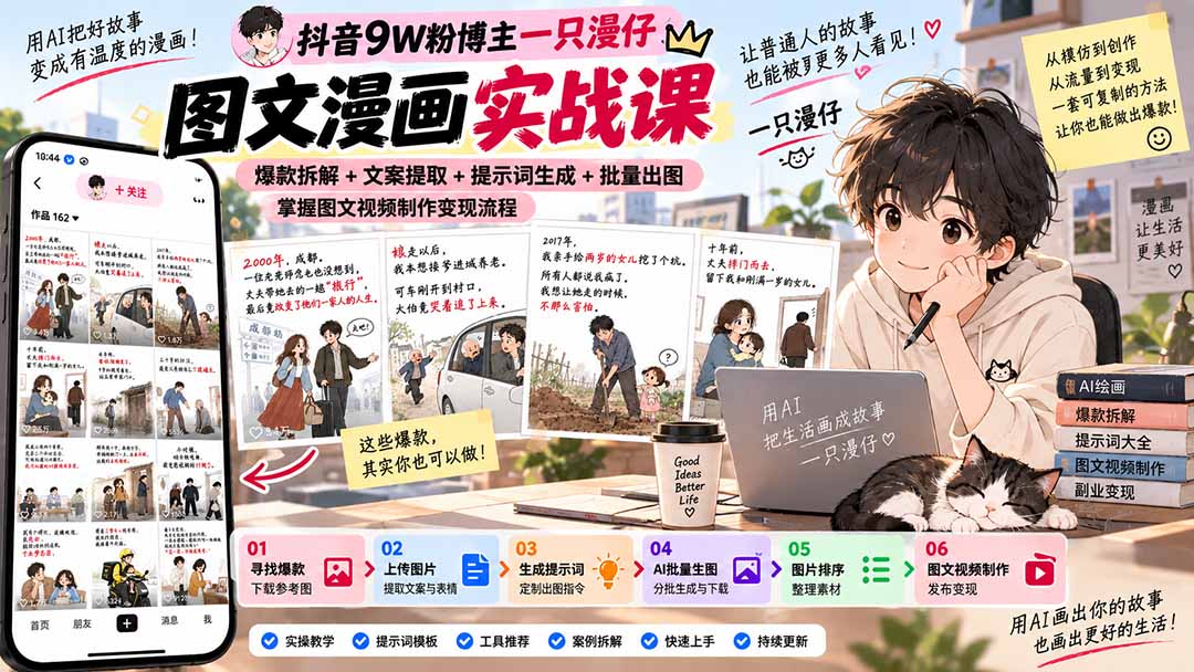 抖音9W粉博主一只漫仔图文漫画课:爆款拆解+文案提取+提示词生成+批量出图,掌握图文视频制作变现流程-星火轻创