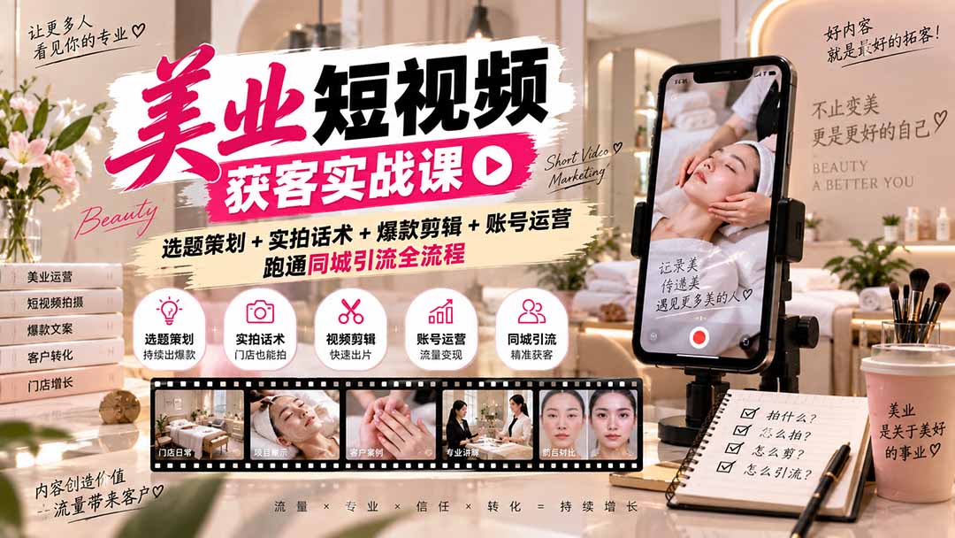 美业短视频获客实战课-无水印:选题策划+实拍话术+爆款剪辑+账号运营,跑通同城引流全流程-星火轻创