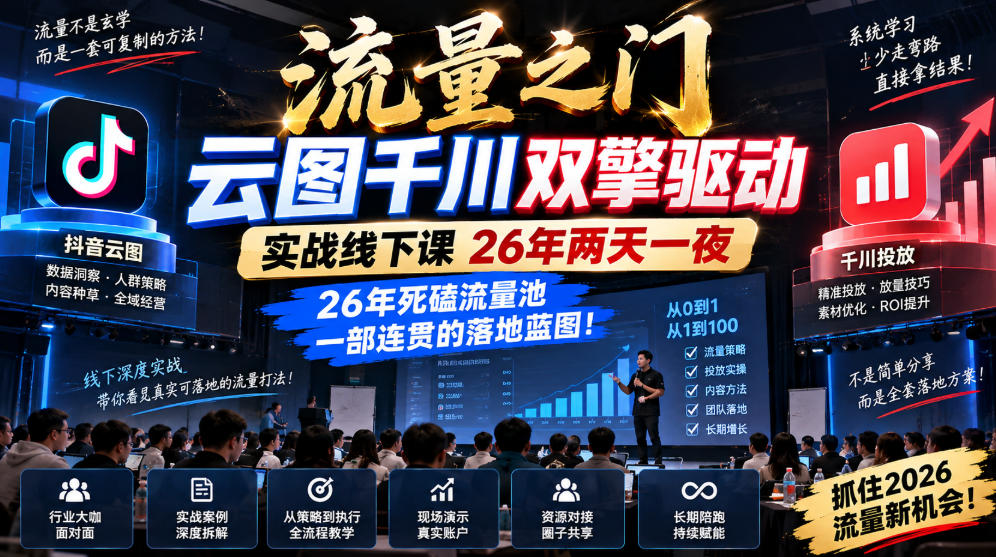流量之门-云图千川双擎驱动实战线下课26年两天一夜,26年死磕流量池一部连贯的落地蓝图!-星火轻创