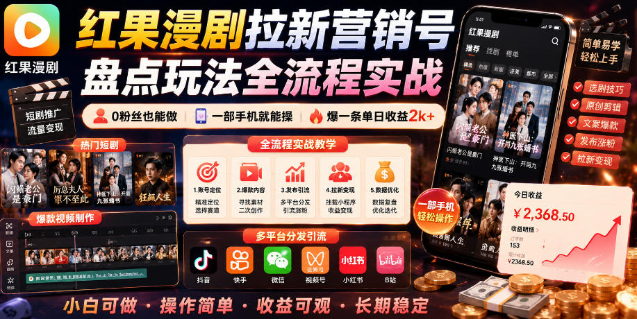 红果漫剧拉新营销号盘点玩法全流程实战,0粉丝也能做,一部手机就能做,爆一条单日收益2k+(更新0922)-星火轻创