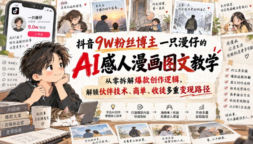 抖音9W粉丝博主一只漫仔的AI感人漫画图文教学,从零拆解爆款创作逻辑,解锁伙伴技术、商单、收徒多重变现路径-星火轻创