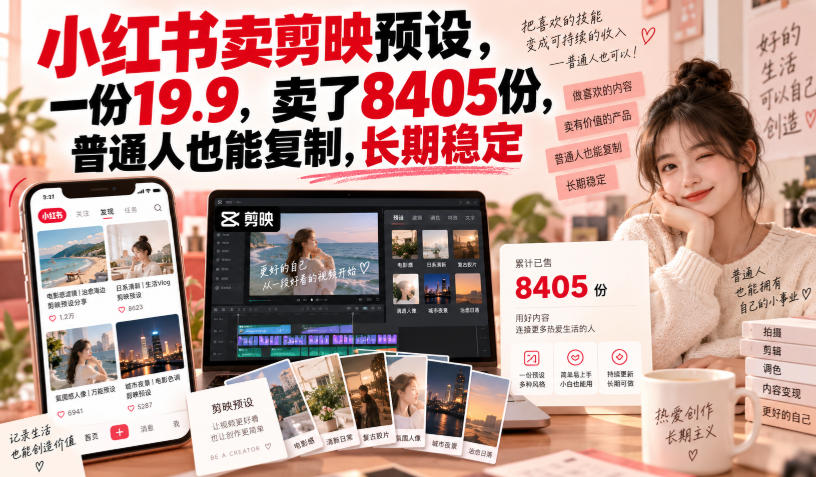 小红书卖剪映预设，一份19.9，卖了8405份，普通人也能复制，长期稳定-星火轻创