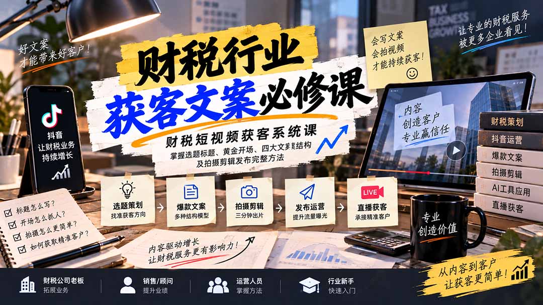 财税短视频获客系统课:掌握选题标题、黄金开场、四大文案结构及拍摄剪辑发布完整方法-星火轻创
