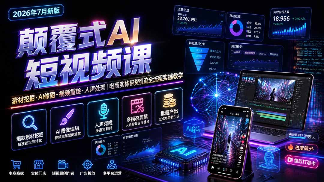 颠覆式AI短视频课-更新｜素材挖掘，AI修图，视频重绘，人声处理｜电商实体带货引流全流程实操教学-星火轻创