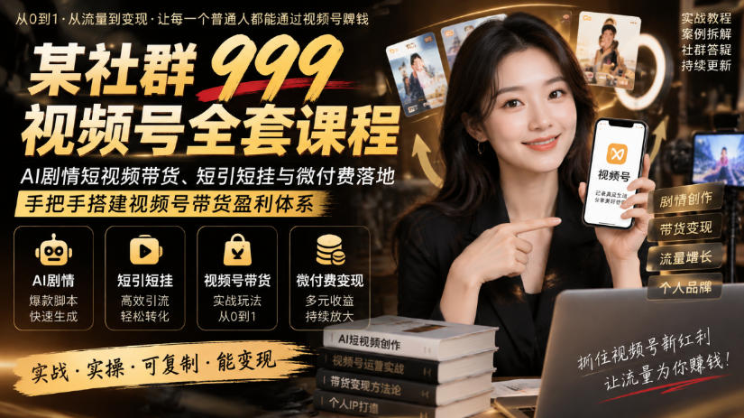 某社群999视频号全套课程,AI剧情短视频带货、短引短挂与微付费落地,手把手搭建视频号带货盈利体系-星火轻创