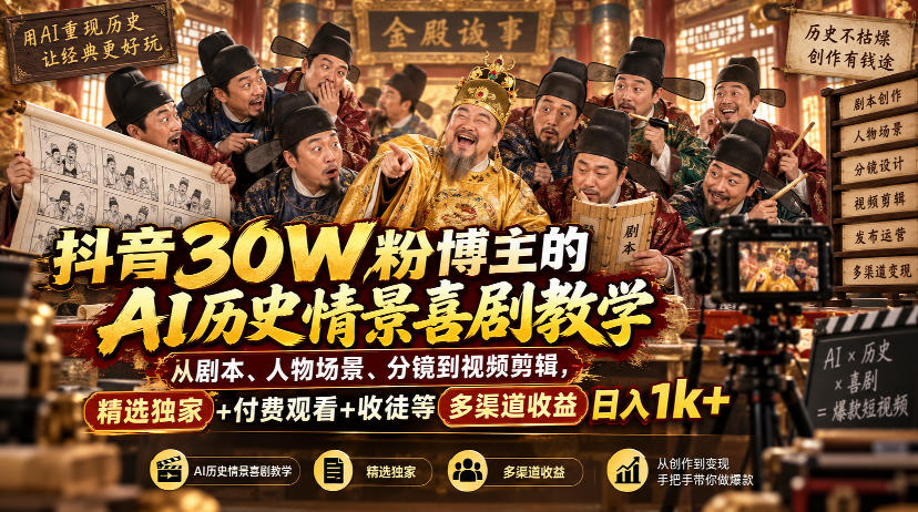 抖音30W粉博主的AI历史情景喜剧教学,从剧本、人物场景、分镜到视频剪辑,精选独家+付费观看+收徒等多渠道收益日入1k+-星火轻创