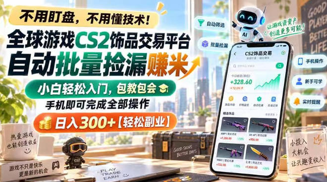 全球游戏CS2饰品交易平台自动批量捡漏賺米，小白轻松入门，包教包会，手机即可完成全部操作，日入300+【揭秘】-星火轻创
