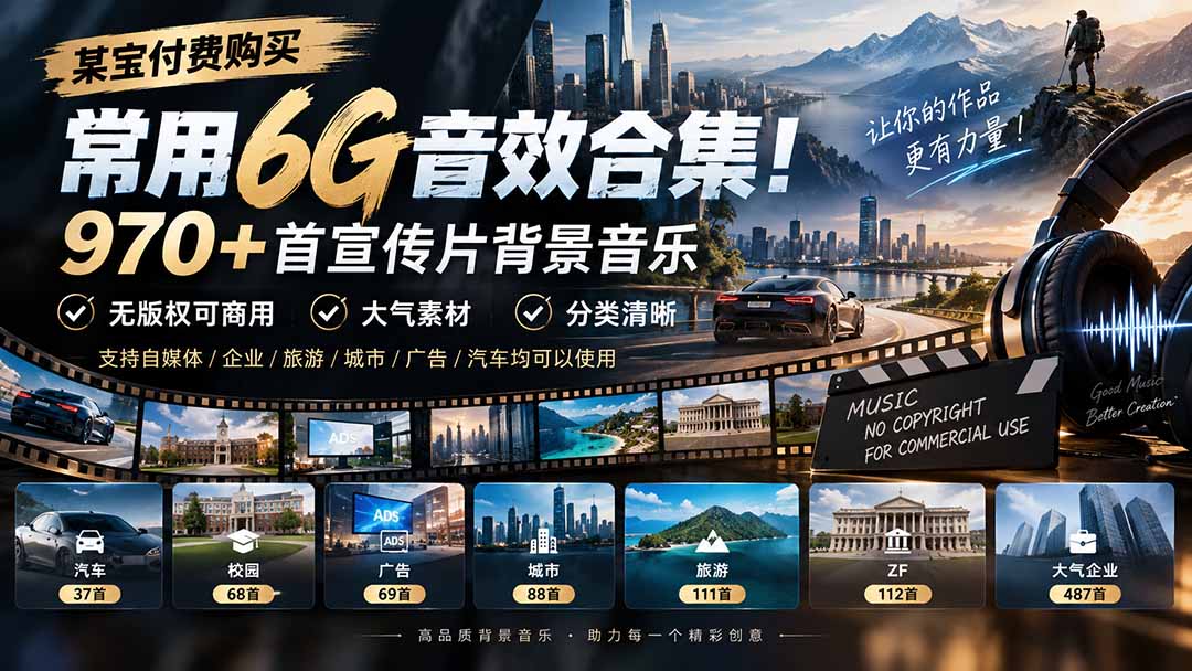 某宝付费购买，常用6G音效合集！970+首宣传片背景音乐，无版权可商用大气素材，分类清晰-星火轻创