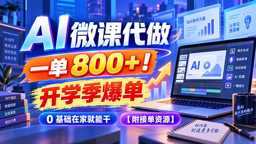 AI 微课代做，一单 800+！开学季爆单，0 基础在家就能干【附接单资源】-星火轻创