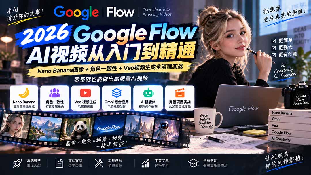 【无水印】Google Flow AI视频从入门到精通:Nano Banana图像+角色一致性+Veo视频生成全流程实战-精翻中英字幕-星火轻创