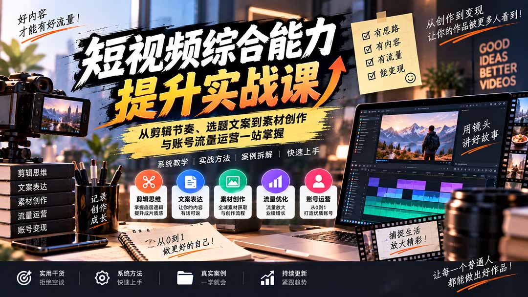 短视频综合能力提升实战课:从剪辑节奏、选题文案到素材创作与账号流量运营一站掌握-星火轻创
