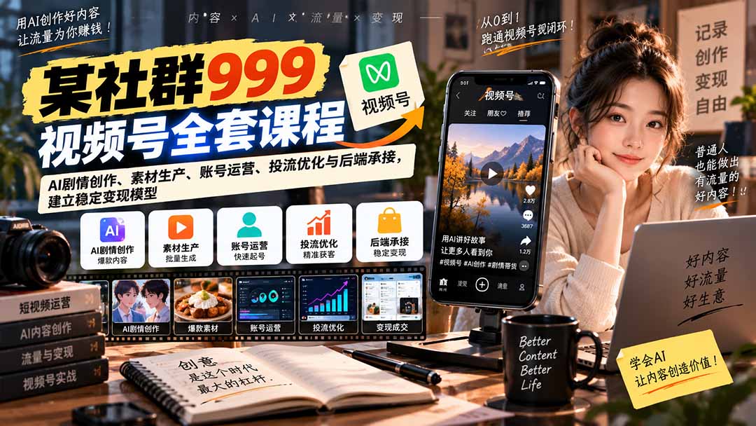 【无水印】某社群999视频号全套课程：AI剧情创作、素材生产、账号运营、投流优化与后端承接，建立稳定变现模型-星火轻创