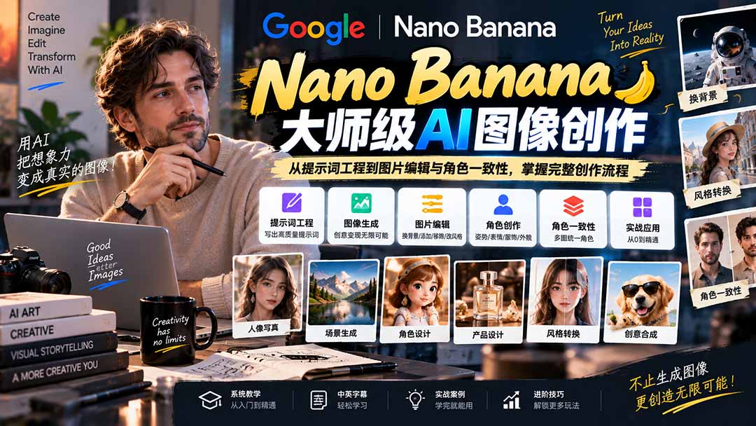 【无水印】Nano Banana大师级AI图像实战课：从提示词工程到图片编辑与角色一致性，掌握完整创作流程-星火轻创