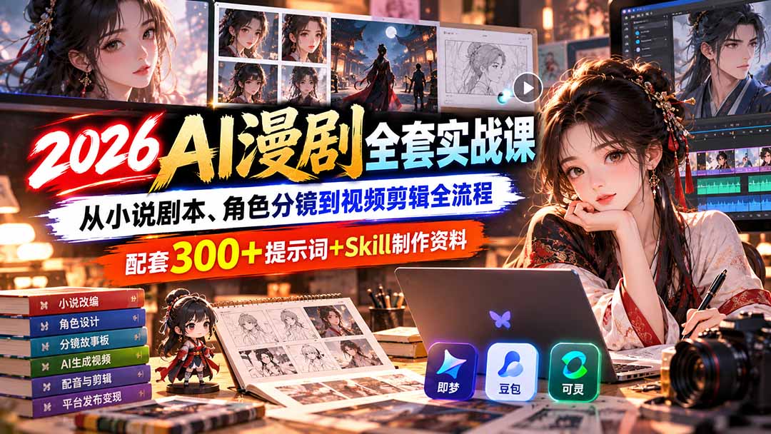 【无水印】2026AI漫剧全套实战课：从小说剧本、角色分镜到视频剪辑全流程，配套300+提示词+Skill制作资料-星火轻创