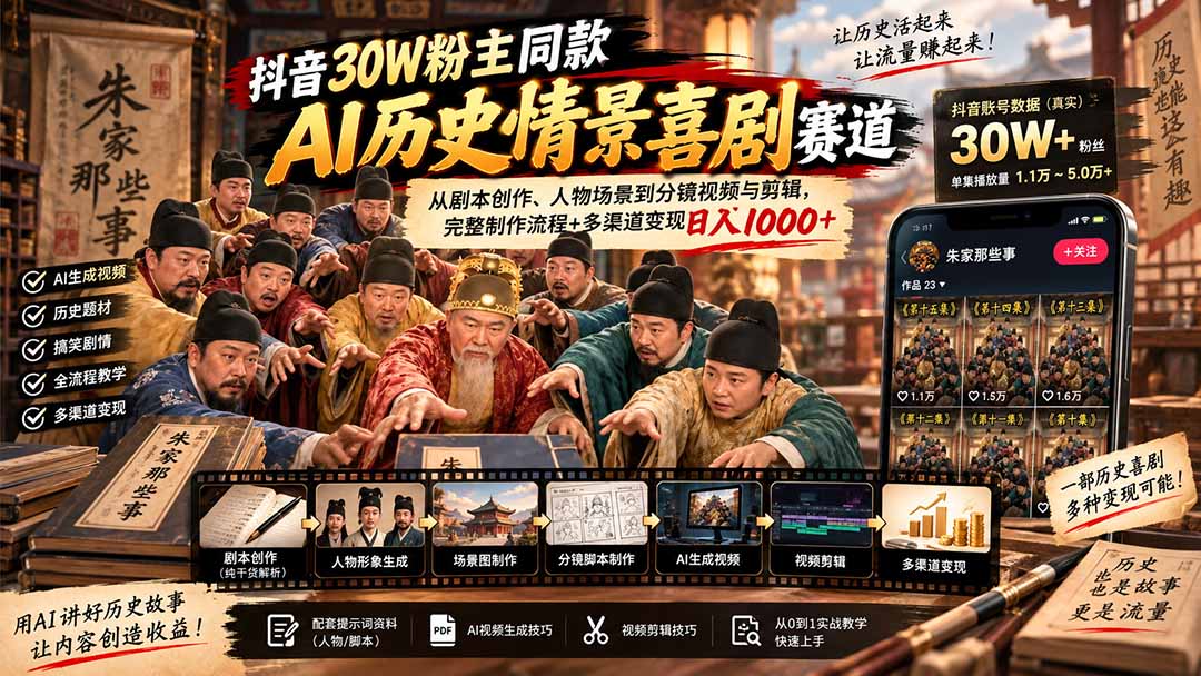 抖音30W粉博主同款AI历史情景喜剧赛道：从剧本创作、人物场景到分镜视频与剪辑，完整制作流程+多渠道变现日入1000+-星火轻创