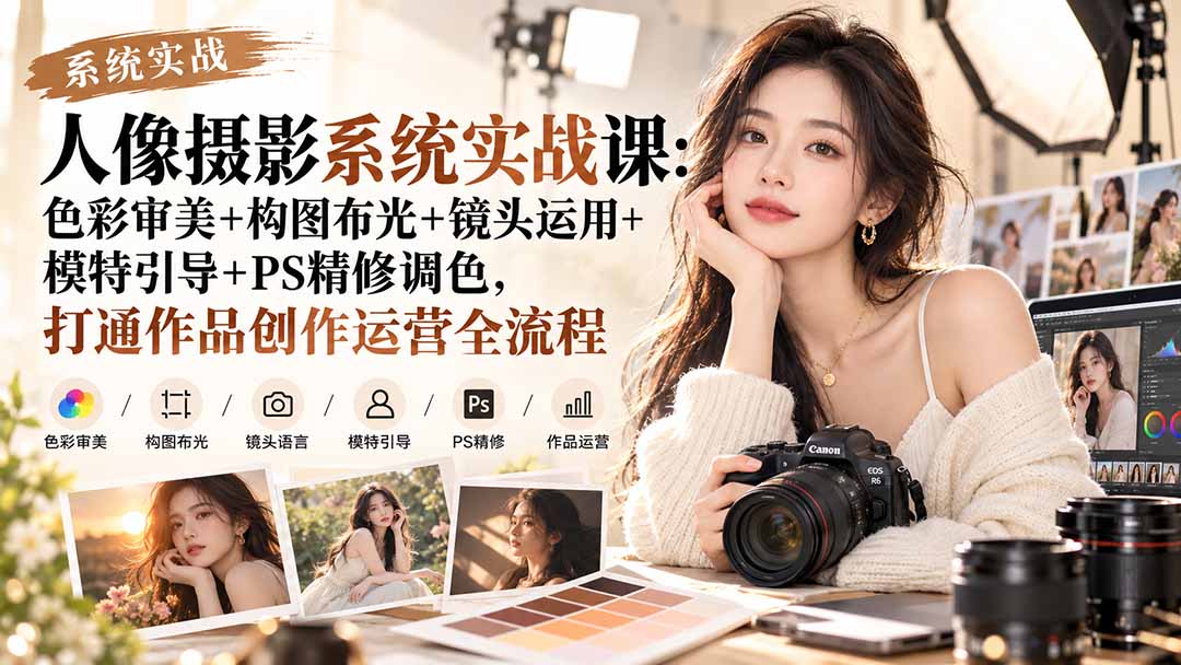 【无水印】人像摄影系统实战课：色彩审美+构图布光+镜头运用+模特引导+PS精修调色，打通作品创作运营全流程-星火轻创