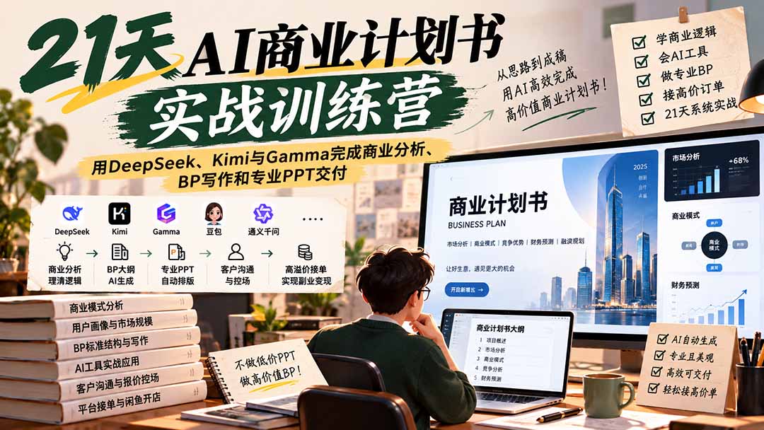 【无水印】21天AI商业计划书实战训练营：用DeepSeek、Kimi与Gamma完成商业分析、BP写作和专业PPT交付-星火轻创