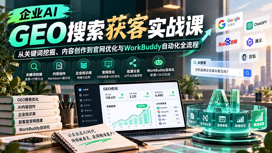 企业AI GEO搜索获客实战课：从关键词挖掘、内容创作到官网优化与WorkBuddy自动化全流程-星火轻创