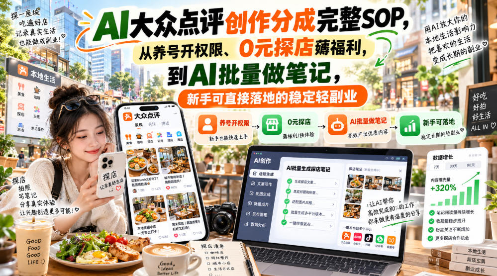 【无水印】AI大众点评创作分成完整SOP,从养号开权限、0元探店薅福利,到AI批量做笔记,新手可直接落地的稳定轻副业-星火轻创