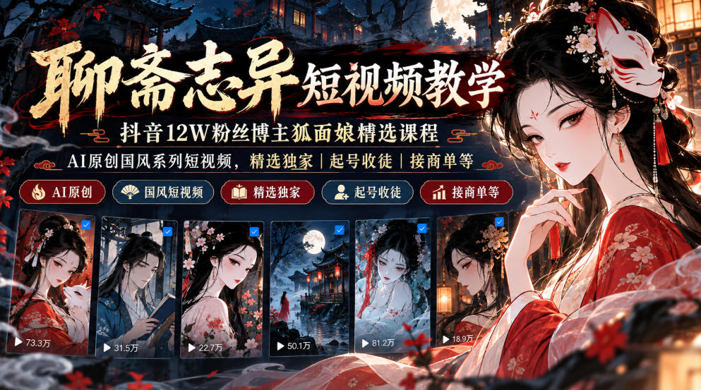 聊斋志异短视频教学,抖音12W粉丝博主狐面娘精选课程,AI原创国风系列短视频,精选独家丨起号收徒丨接商单等-星火轻创