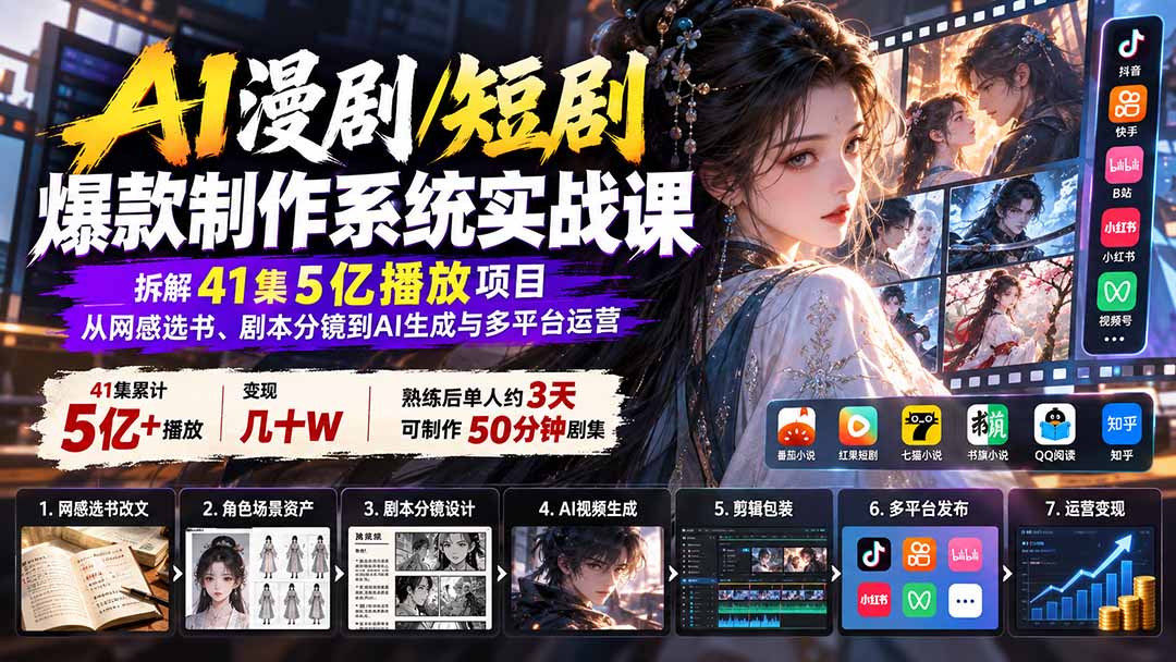AI漫剧/短剧爆款制作系统实战课:拆解41集5亿播放项目,从网感选书、剧本分镜到AI生成与多平台运营-星火轻创