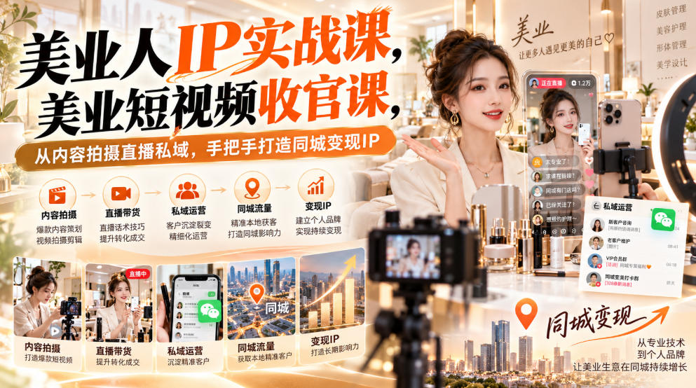 【无水印】美业人IP实战课,美业短视频收官课,从内容拍摄直播私域,手把手打造同城变现IP-星火轻创