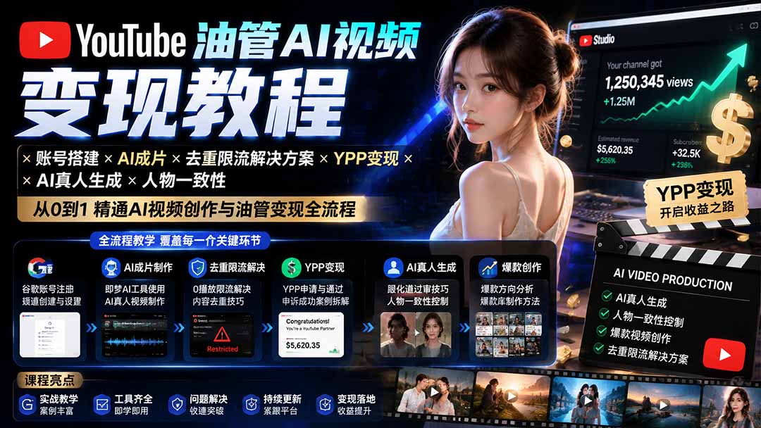 YouTube油管AI视频变现教程-更新0926：账号搭建×AI成片×去重限流解决方案×YPP变现×AI真人生成×人物一致性-星火轻创