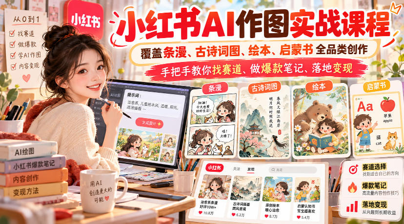 小红书AI作图实战课程，覆盖条漫、古诗词图、绘本、启蒙书全品类创作，手把手教你找赛道、做爆款笔记、落地变现-星火轻创