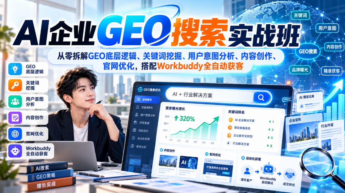 AI企业GEO搜索实战班，从零拆解GEO底层逻辑、关键词挖掘、用户意图分析、内容创作、官网优化，搭配Workbuddy全自动获客-星火轻创
