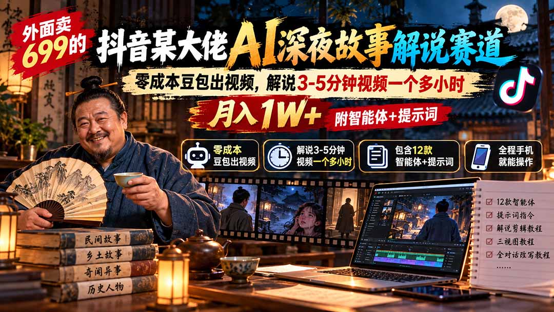 外面卖699的抖音某大佬AI深夜故事解说赛道：零成本豆包出视频，解说3-5分钟视频一个多小时，月入1W+附智能体+提示词-星火轻创