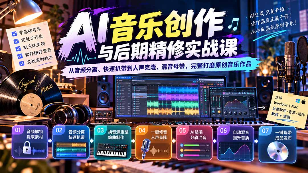 AI音乐创作与后期精修实战课：从音频分离、快速扒带到人声克隆、混音母带，完整打磨原创音乐作品-星火轻创