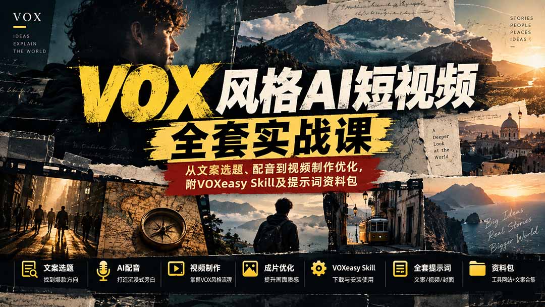 【无水印】VOX风格AI短视频全套实战课：从文案选题、配音到视频制作优化，附VOXeasy Skill及提示词资料包-星火轻创