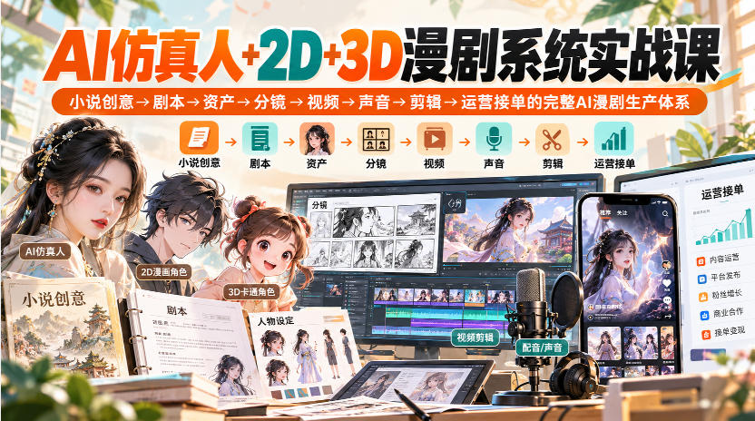 【无水印】AI仿真人+2D+3D漫剧系统实战课,小说创意→剧本→资产→分镜→视频→声音→剪辑→运营接单的完整AI漫剧生产体系-星火轻创