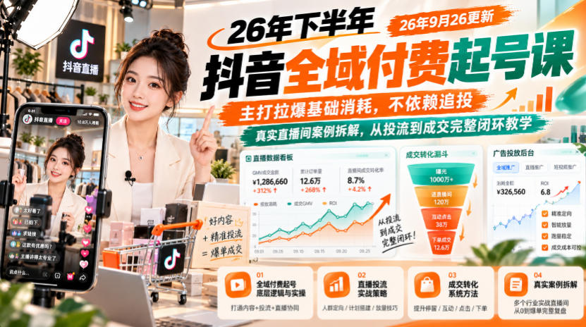 26年下半年抖音全域付费起号课26年9月26更新，主打拉爆基础消耗，不依赖追投，真实直播间案例拆解，从投流到成交完整闭环教学-星火轻创