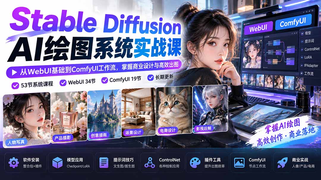【无水印】Stable Diffusion AI绘图系统实战课：从WebUI基础到ComfyUI工作流，掌握商业设计与高效出图-星火轻创
