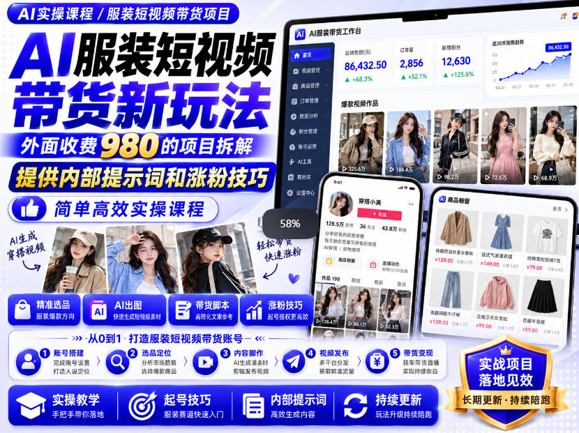 外面收费980AI快手带货系统课程，内部课程首次外放，操作简单高效，一分钟一条爆款视频-星火轻创